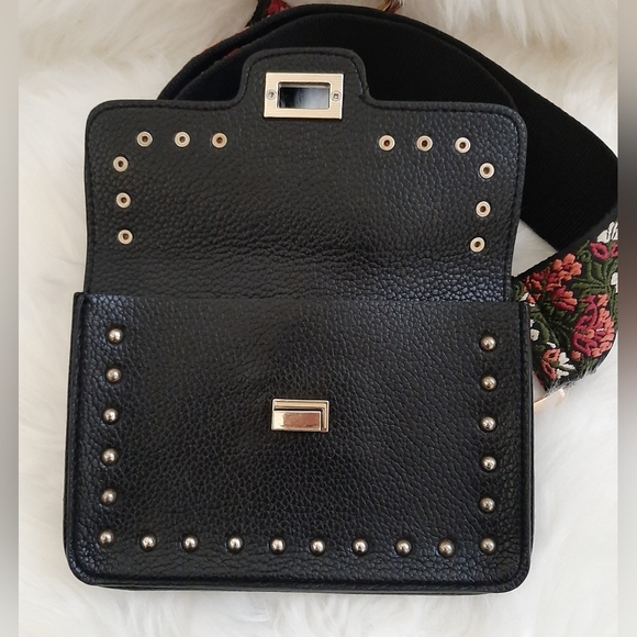 *FINAL SALE* STEVE MADDEN Embroidered Guitar Strap Black Leather Belt Bag - Picture 8 of 14